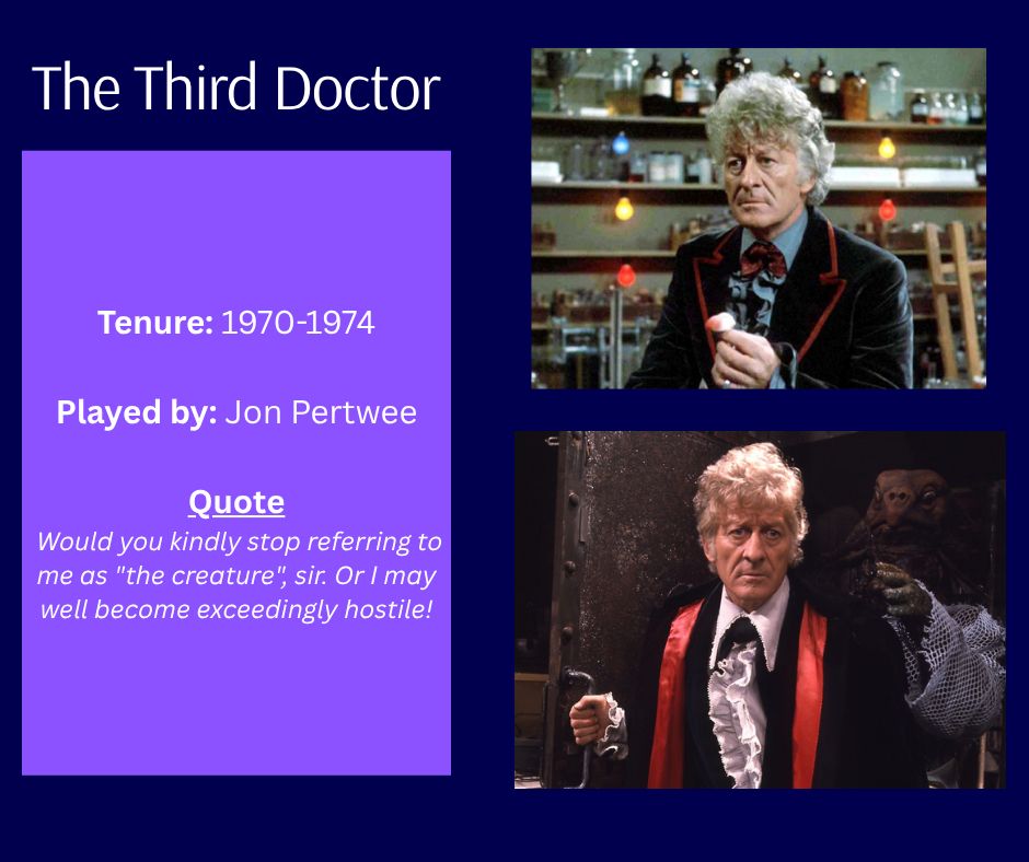 The third doctor tenure 1970-1974 played by Jon pertwee, quote would you kindly stop referring to me as the creature or I may well becoming exceedingly hostile 