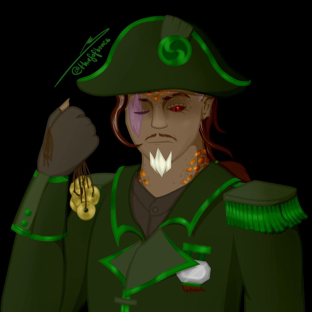 (image description below character stuff)

This is Trav!
A pirate hunter commander who believes that his brother Ezin was forced into piracy and that he has to save him somehow.

He has believed this for around fifty years at this point.

He, at his core, truly loves his family. He has also however bought into his country's propaganda way too much. 

Image description:
Digital illustration of a character holding old coins tied to strings. He has a facial scar across the right side of his face (viewer's left) which covers his eye, making his eyelid permanently closed and the eye too damaged to see anyway.

He has a green navy uniform hat included (in a style similar to 16th century British ones). The undershirt is a sort of greyish brown - same color as his fingerless gloves).

He has some sort of silver medal pinned to the left side of his chest (viewer's right side).

He has long red-ish hair with multiple grey strands (and grey temples) that is tied in a ponytail. He also has a mustache and a bone growth on his chin that resembles a goatee. He also has orange scales visible on his forehead and sides of his neck.