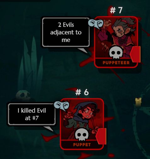 A cropped screenshot from a game called Demon Bluff. It shows that card #6, the Puppet, killed card #7, the Puppeteer.