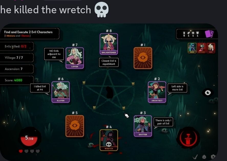 A screenshot from Demon Bluff. This notable experience was when I didn't flip over card #4, therefore did NOT know that card #4 was the Wretch, which all villagers will see as evil. 
It did not occur to me that #4 could've been Wretch. I just know all signs pointed to Wretch being evil. 
I was in despair.