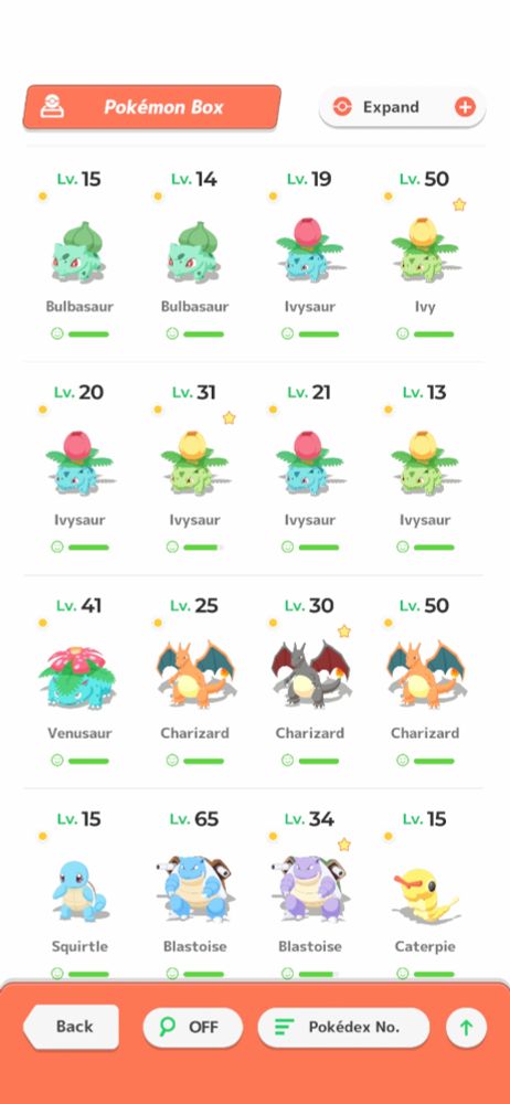 A screenshot of pokemon sleep featuring a pokemon box full of Gen 1 starters, some that are shiny... and a shiny Caterpie. 