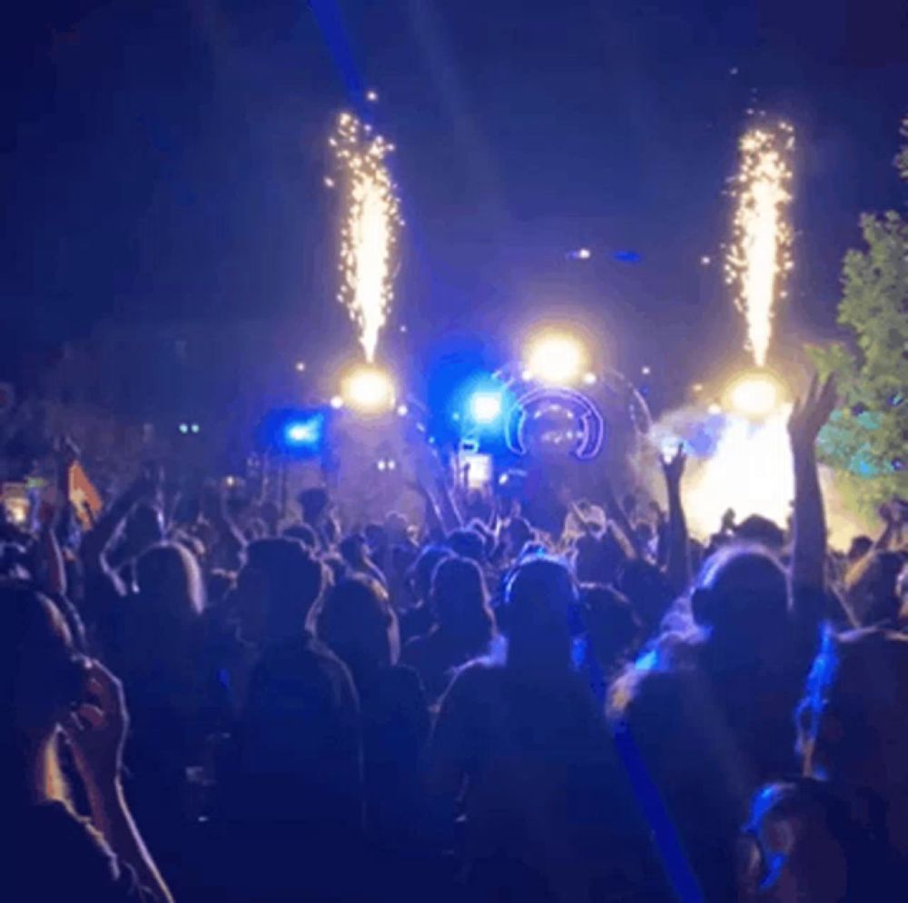 a crowd of people at a party with fireworks going off in the background