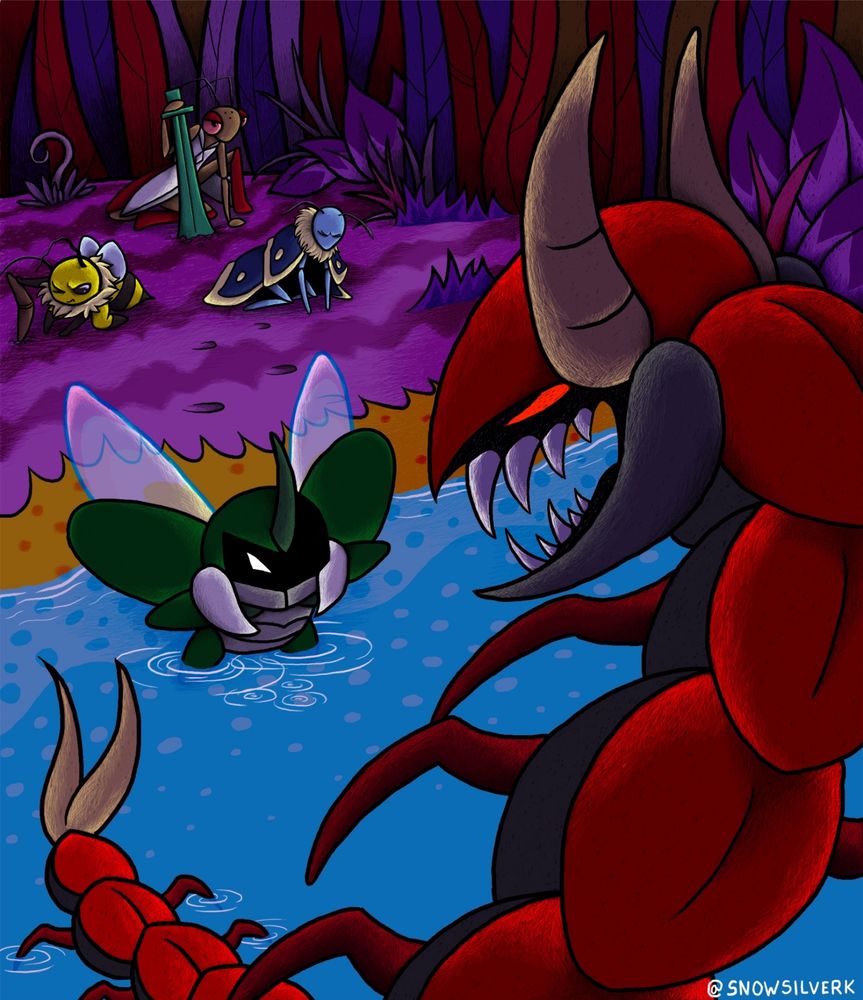 Four anthropomorphic insects fighting a giant centipede