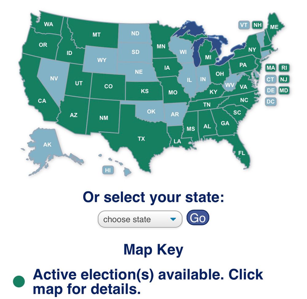 A blue voter guide map shows states in green and blue. most of America has elections on Tuesday 