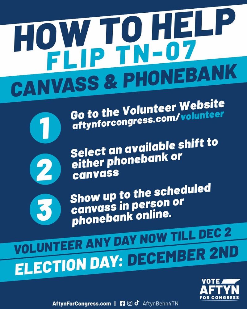 Medium blue, navy and white event flyer. Three steps to take to help elect Aftyn Behn to Congress in Tennessee. Election Day is December 2
