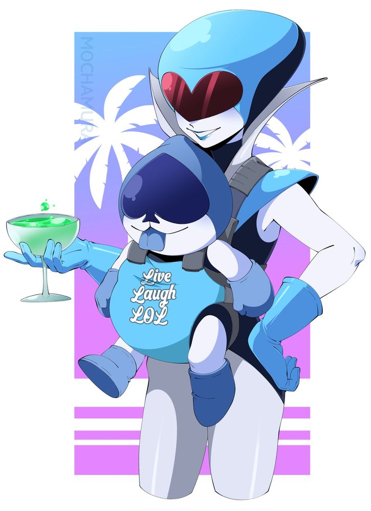 an illustration of queen and lancer from deltarune, with lancer held in a baby carrier strapped to queen's chest while she holds a glass of battery acid in her free hand