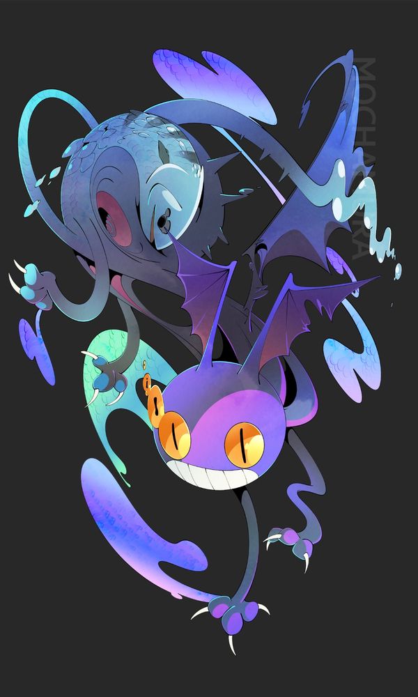 an illustration of gimme-cat from final fantasy, but drawn abstractly and strangely, with elements of a wahoo fish blended in