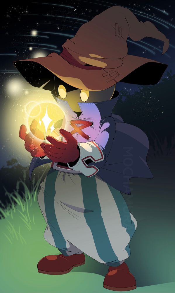 an illustration of vivi from ff9, standing on a grassy hill at night while admiring a bright bundle of stars held in his hands