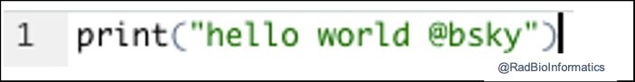 a line of computer code with instruction to print the phrase, "hello world @bsky".