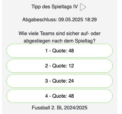 Screenshot des Tipps des Spieltags: Wie viele Teams sind sicher auf- oder abgestiegen nach dem Spieltag?