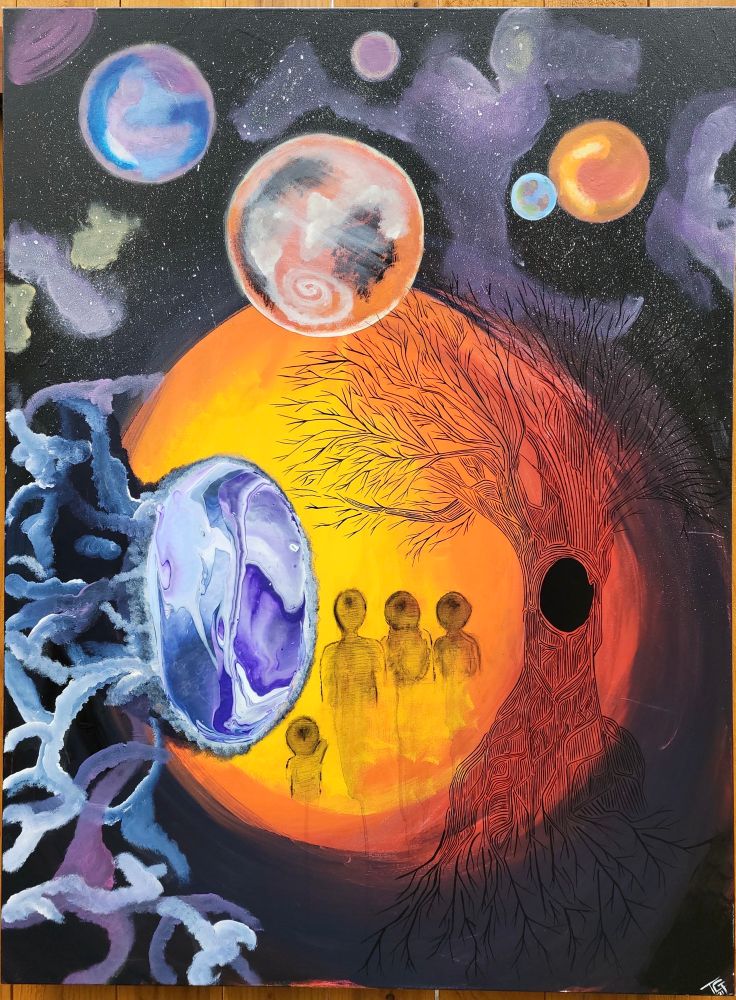 A painting of a spiritual family passing between spiritual planes.