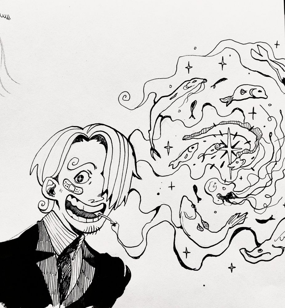 An ink illustration of Sanji from One Piece. This is a redraw of an early manga panel of Sanji, from when he meets Luffy and asks if Luffy knows about the All Blue. Sanji looks genuinely happy and excited to talk about the All Blue, he is smiling widely and his cigarette smoke twirls into waves of stars and different fish.
