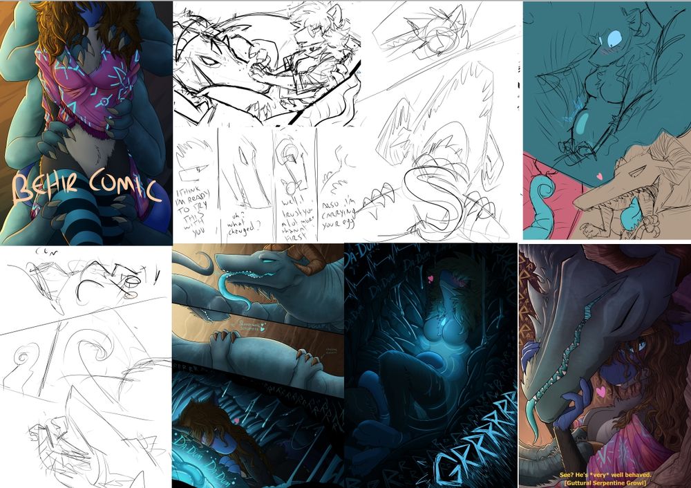 An early draft of RBE where I only intended to tie a few existing pieces together with some inbetweens. A short vore comic with a bit of sex in maw, nothing beyond that.  A day later, this felt really rushed 'n I started adding in more stuff. #vore