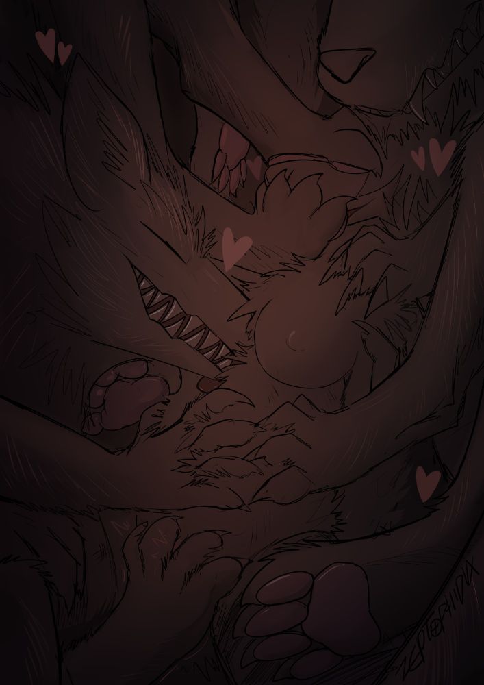 A large amount of werewolves, hugging and stepping on a person