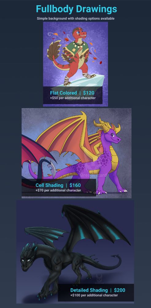 Fullbody Drawings
Simple background with shading options
- Flat colored - $120 and +$50 per additional character
- Cell Shading - $160 and +$70 per additional character
- Detailed Shading - $200 and +$100 per additional character