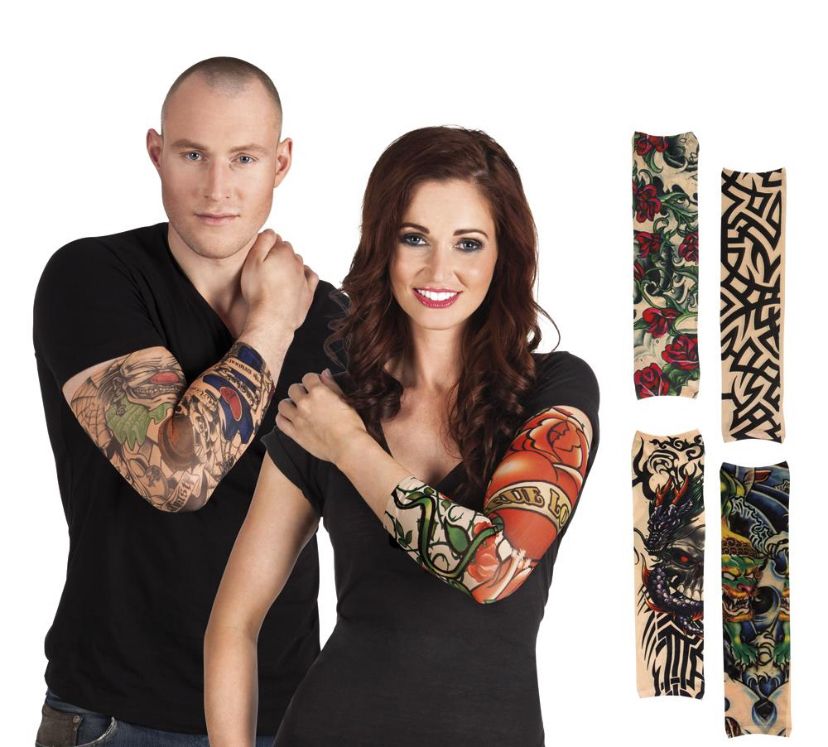 Advertising image of a man and woman modeling fabric sleeves with tattoo images screen-printed on them. To the right of them are 4 examples of sleeve design options, included tribal lines, red roses, a skull, and a dragon. 