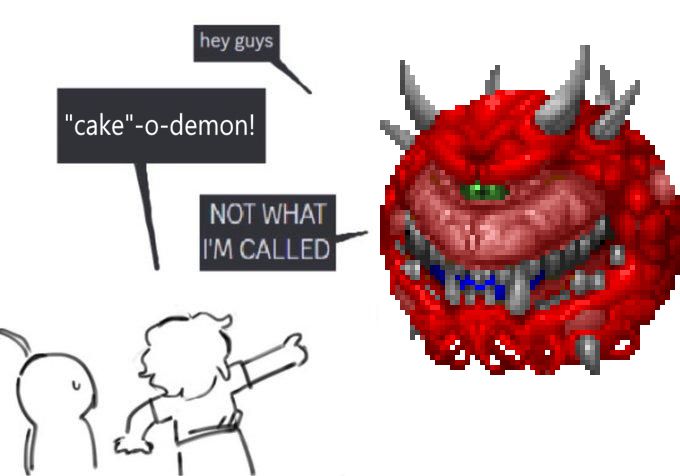 A cacodemon greeting two people, with one of them calling it a "cake-o-demon".
