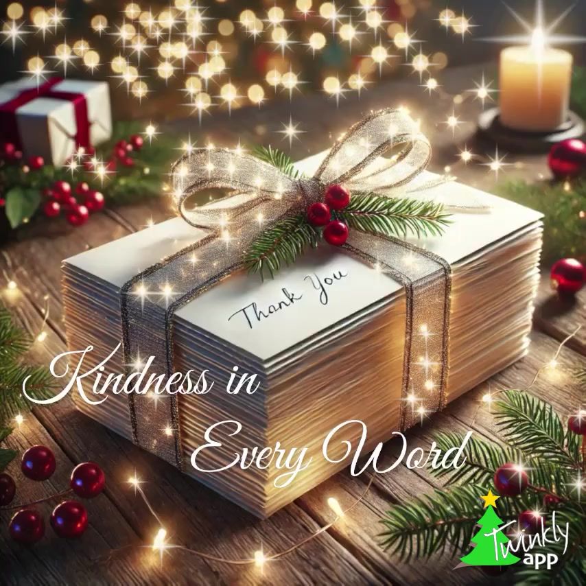 A neatly stacked pile of thank-you notes tied with a shimmering ribbon that glows softly. The ribbon is adorned with festive sprigs of evergreen and red berries. The stack is placed on a wooden table decorated with additional evergreen branches, red ornaments, and string lights. A glowing candle and a blurred, twinkling Christmas tree in the background create a warm, festive ambiance, emphasizing the holiday spirit of gratitude and giving. The following text is overlayed on the image: “Kindness in every word.” The image has subtly animated twinkles added with the Twinkly Christmas Card app. On the bottom right is the logo of the Twinkly Christmas Card app.