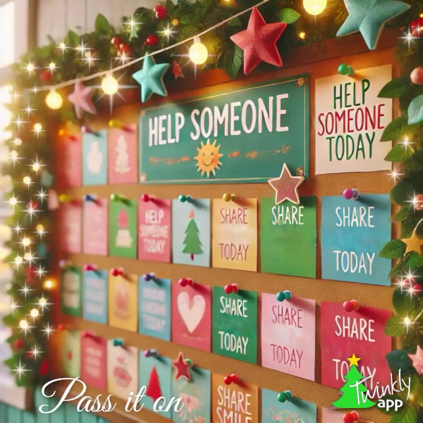 A close-up of a colorful holiday-themed bulletin board filled with notes displaying positive messages such as “Help Someone Today” and “Share Today.” The board is decorated with garlands, twinkling string lights, and festive cutouts of stars, Christmas trees, and ornaments. The cheerful design and vibrant colors create an uplifting and festive atmosphere, emphasizing the spirit of kindness and giving during the holiday season. The following text is overlayed on the image: “Pass it on.” The image has subtly animated twinkles added with the Twinkly Christmas Card app. On the bottom right is the logo of the Twinkly Christmas Card app.