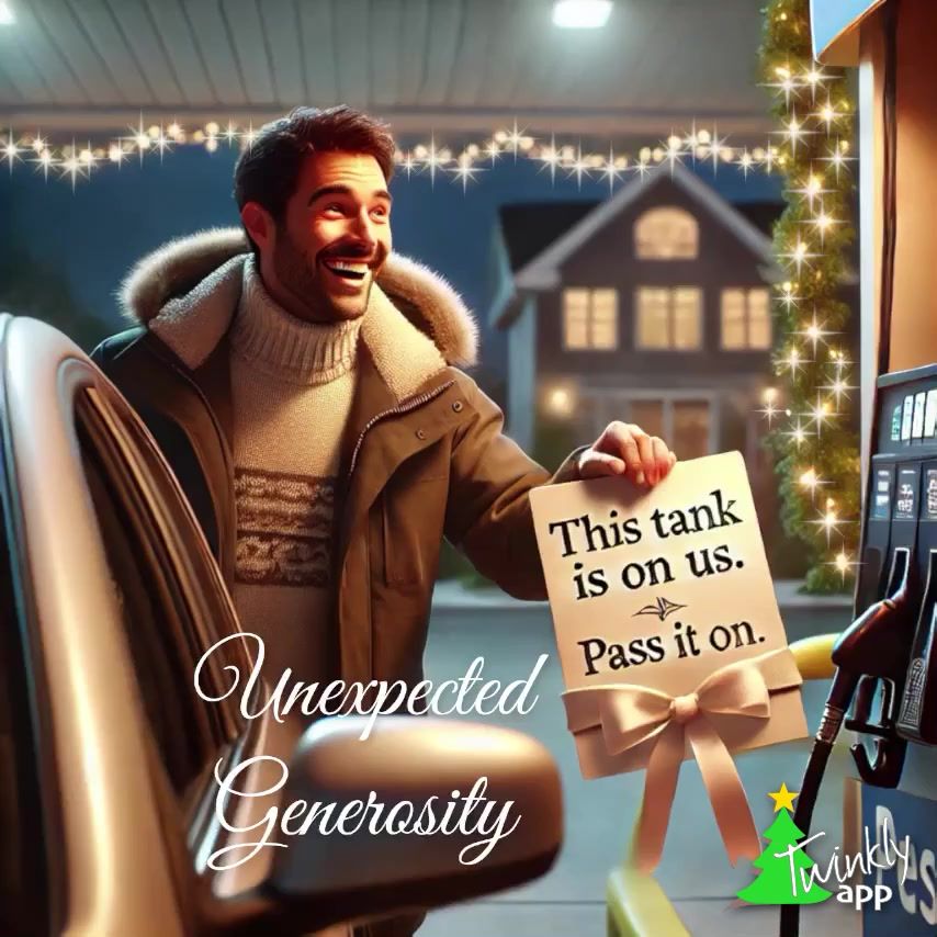 A surprised driver, dressed in a warm winter coat and sweater, holds a handwritten note that reads, “This tank is on us. Pass it on.” The driver stands beside their car at a gas station, smiling brightly in gratitude. The gas pump is decorated with festive garlands and twinkling string lights. In the softly blurred background, a cozy house with glowing windows adds to the warm, holiday atmosphere. The following text is overlayed on the image: “Unexpected generosity.” The image has subtly animated twinkles added with the Twinkly Christmas Card app. On the bottom right is the logo of the Twinkly Christmas Card app.