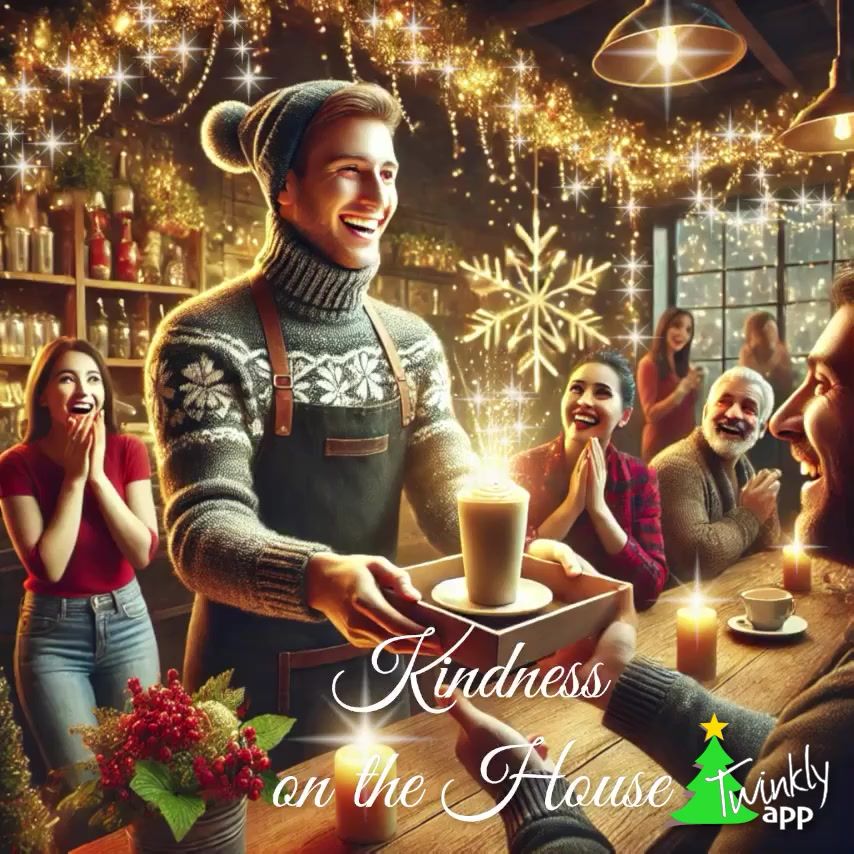 The image depicts a cheerful barista at a cozy, festive café handing over a steaming coffee with sparkling golden glitter rising from the cup. The barista, wearing a winter sweater and beanie, smiles warmly as customers react with delight. Behind them, the café is adorned with twinkling fairy lights, holiday garlands, and a large illuminated snowflake. The setting is lively and celebratory, with patrons gathered around the counter, radiating holiday cheer. The following text is overlayed on the image: “Kindness on the house.” The image has subtly animated twinkles added with the Twinkly Christmas Card app. On the bottom right is the logo of the Twinkly Christmas Card app.