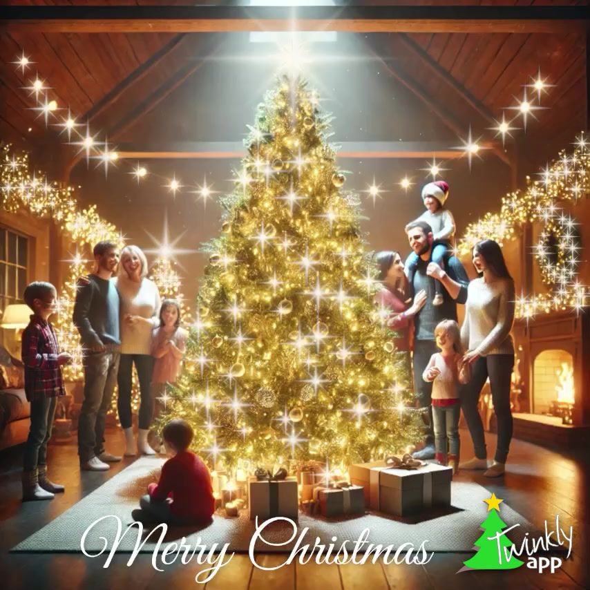 A glowing Christmas tree adorned with golden ornaments and twinkling lights stands in the center of a cozy, warmly lit living room. Around the tree, families gather joyfully, with children, parents, and grandparents smiling and interacting. Wrapped gifts are arranged neatly under the tree, and the room features festive decorations, including garlands, wreaths, and a glowing fireplace in the background. String lights add a magical ambiance, and the wooden interior enhances the cozy holiday feel. A child sits cross-legged near the tree, admiring the scene with wonder. The following text is overlayed on the image: “Merry Christmas.” The image has subtly animated twinkles added with the Twinkly Christmas Card app. On the bottom right is the logo of the Twinkly Christmas Card app.