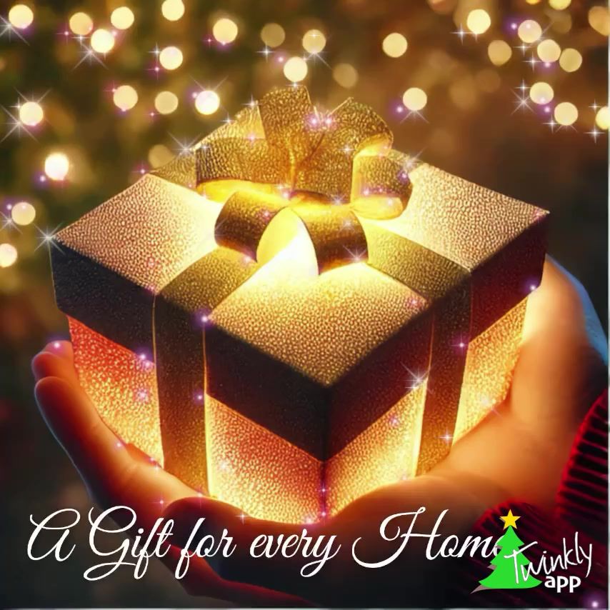 A close-up of a beautifully wrapped gift glowing softly with a twinkling effect as it is placed under a Christmas tree. The background features a cozy room decorated for the holidays, with garlands, string lights, and ornaments creating a warm atmosphere.