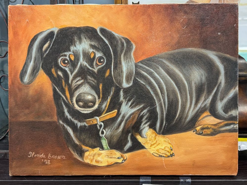 A thrift store painting at the Far West Goodwill (Austin TX), depicting a reclining miniature dachshund gazing off stage left. Signed “Glenda Brown ‘93.”