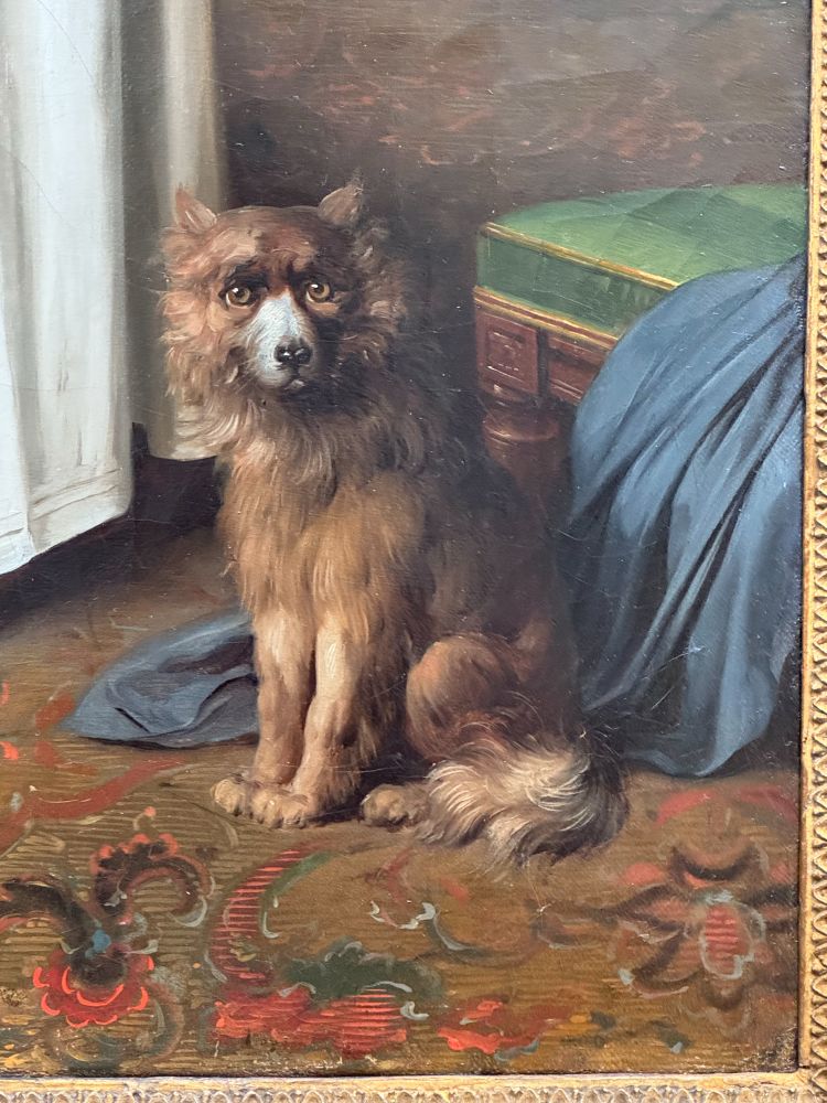 Louis-Léopold Boilly, Portrait of Monsieur G. Giving his Daughter a Geography Lesson (1812). Detail, lower right corner, showing the family dog, facing the painter and viewer with a frank and open expression. At the Kimbell Art Museum in Fort Worth, Texas.
