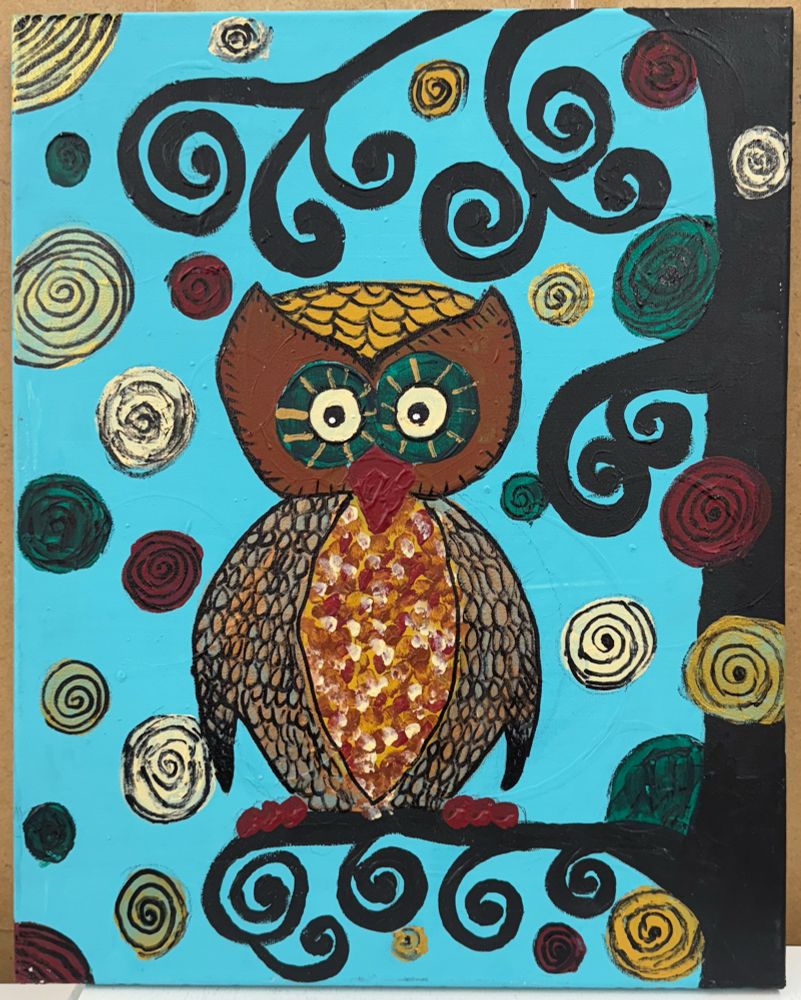 A cellphone photograph of a thrift store painting at the N. Lamar Goodwill (Austin TX), depicting a wide-eyed owl on a curlicue tree branch, surrounded by whirlpooly labyrinthine circles in various colors. 