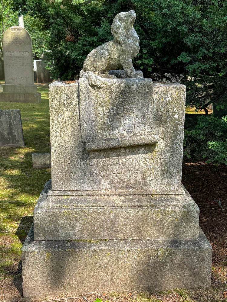 Headstone with dog and scroll: Albert Bacon Smith (16 Nov 1845 - 22 Feb 1848), Grove Street Cemetery, New Haven, Connecticut. 