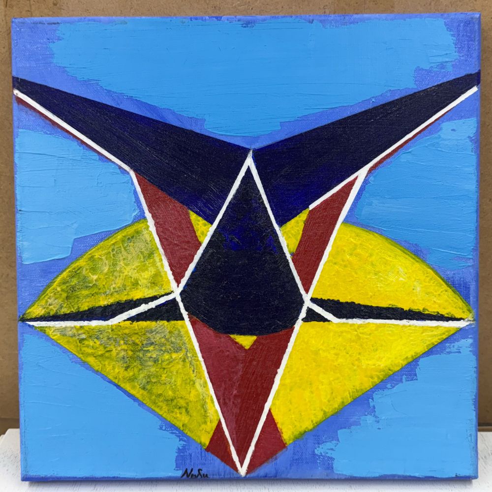 Color cellphone photo: a square painting of angular shapes, some of them outlined in white piping, in tones of baby blue, yellow, red, and midnight blue. For sale at the Goodwill on North Lamar Boulevard, Austin Texas. 