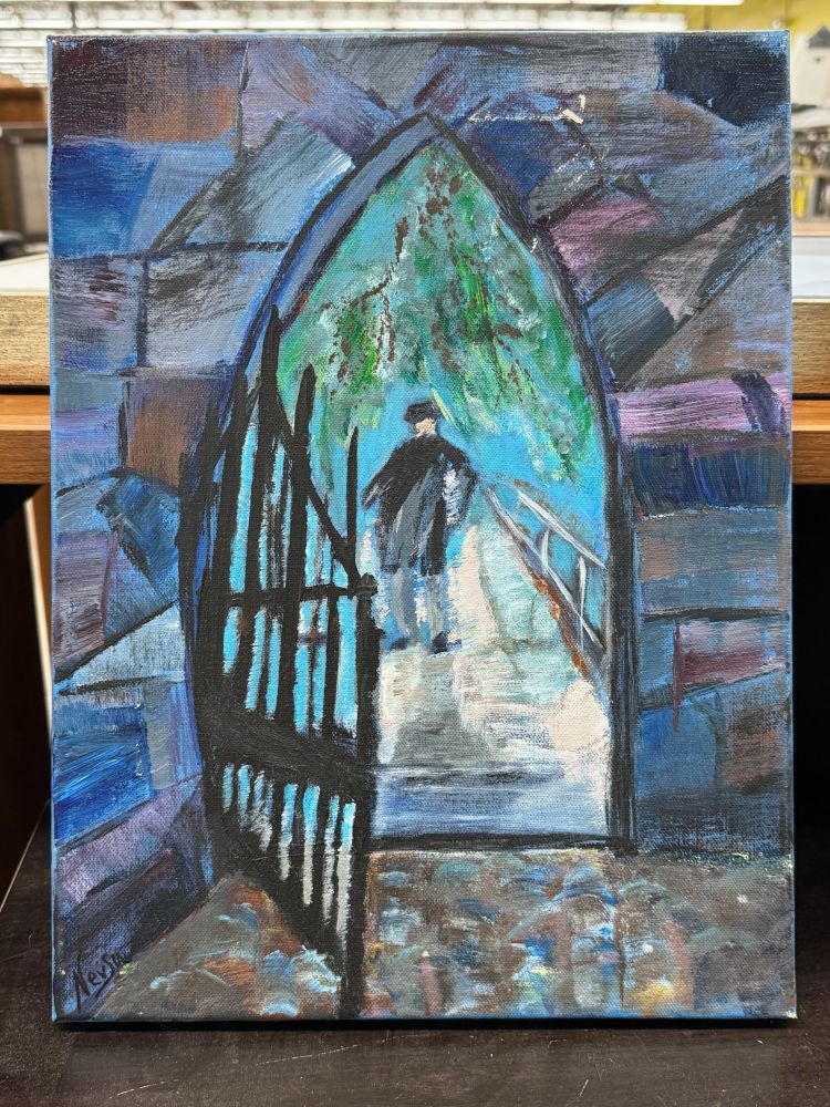 A thrift store painting of a man in a jacket and hat, with his right hand on his hip and gazing into a bay from a sun-dappled pier under a tree, as seen from inside an open gate in a vaulted opening in a tall stone wall. 