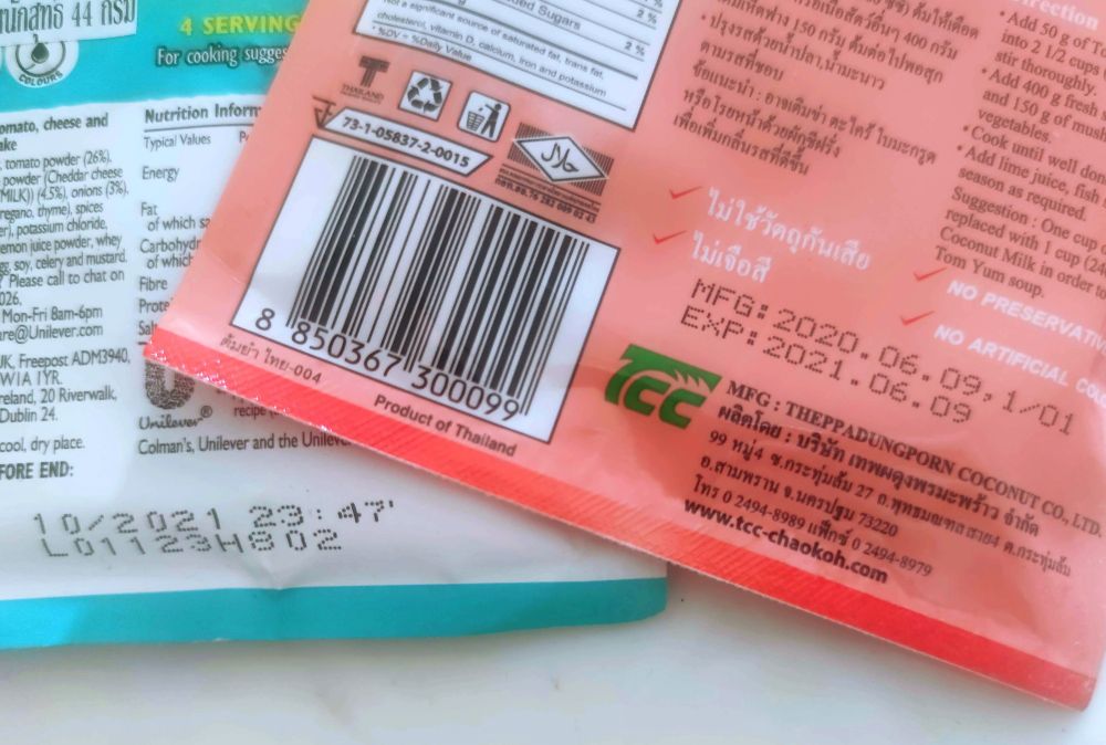 Picture showing the expiry dates on two food packages - both expired in 2021.