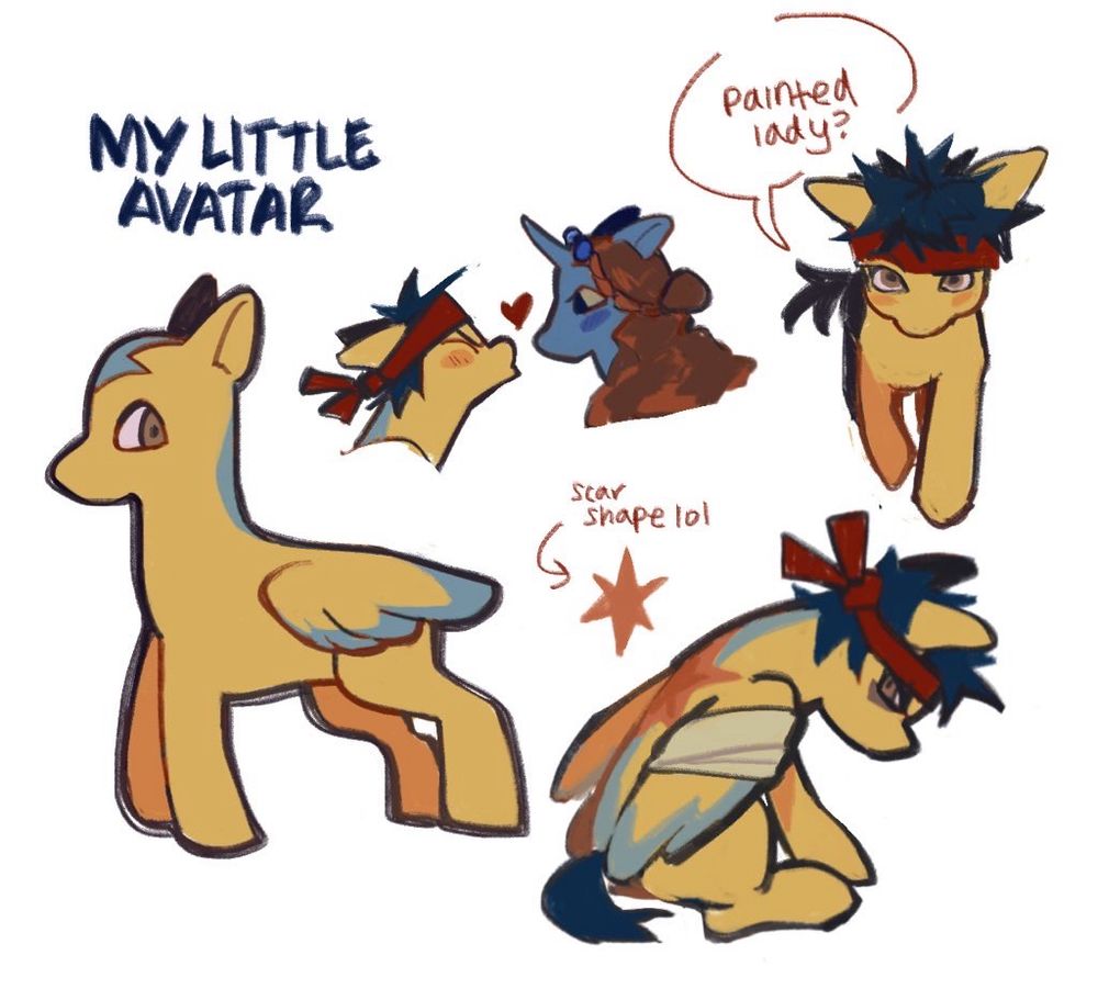 Aang as a yellow Pegasus with arrow on head and blue tipped wings. One drawing of angsty aang with scar on back + bandaged wing. Slightly overhead view of aang questioning “Painted lady?” Small doodle of aang trying to kiss katara ! 