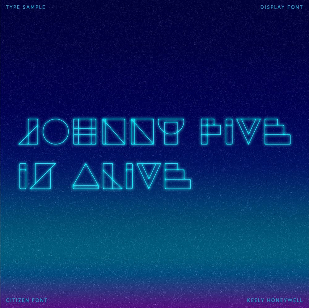 A grainy sort of night sky background with blue text over it that reads "Johnny Five is alive."