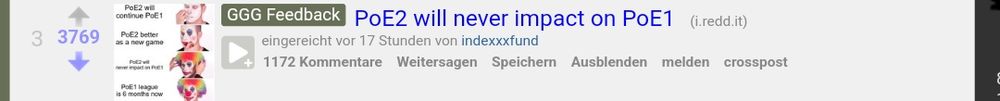 A screenshot of a reddit thread with 3769 updoots and 1172 comments named "PoE2 will never impact on poe1". One can see the dressing up clown face meme template on the side