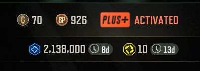 A cropped screenshot showing different currencies in PUBG with 2,138,000 blue coins being one of the numbers