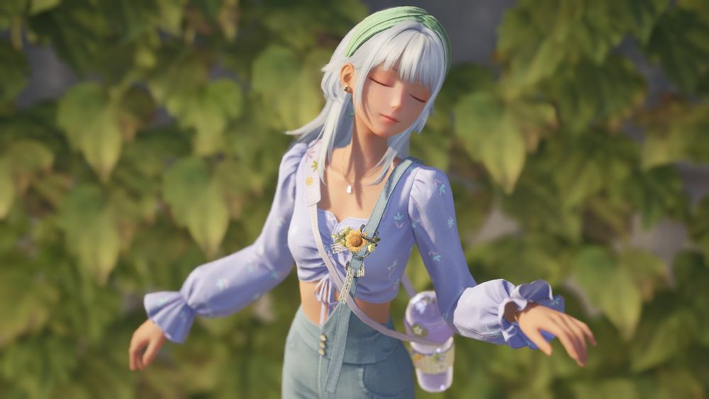 Photo from the game Infinity Nikki. Shows a tan skinned white haired Nikki standing in front of a blurry leafy background. She is wearing a green headband and casual purple and denim clothes. Clothing pieces in Miraland Collection link.