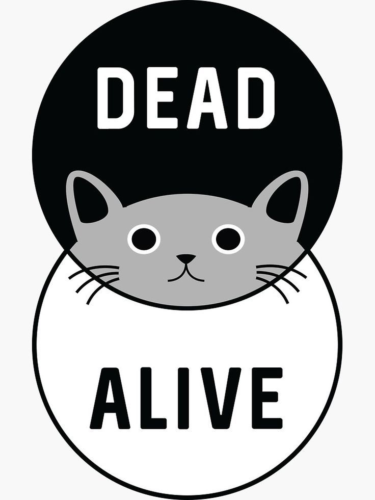 Venn Diagram. Top circle says "Dead". Bottom circle says "Alive". Where they overlap is a cat's face.