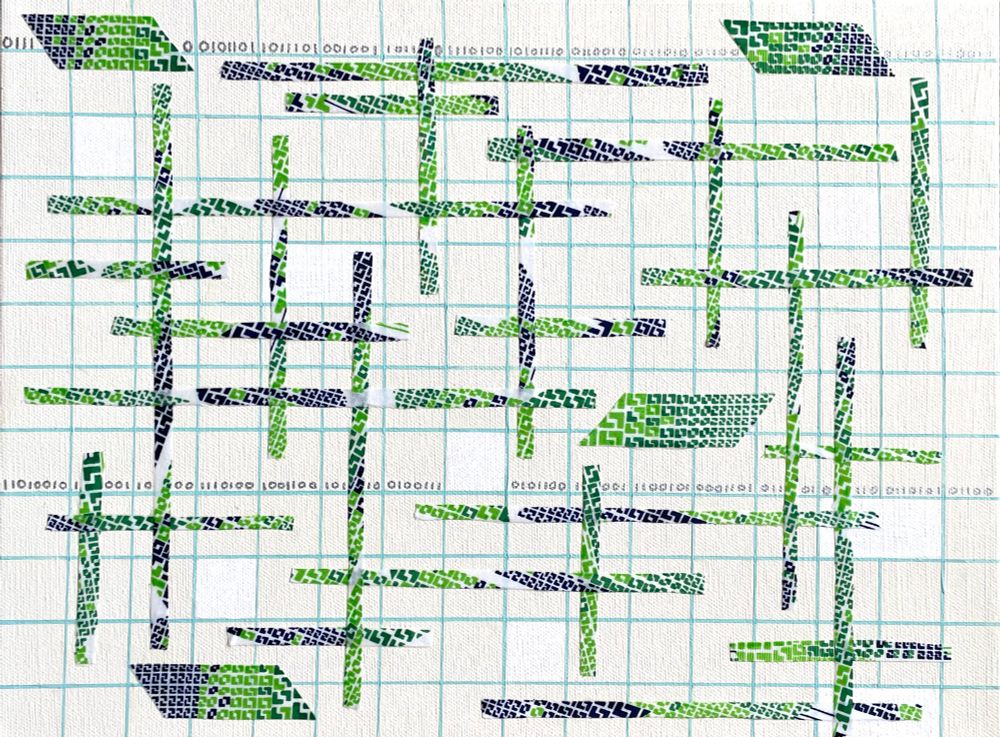 This artwork is AI made artificially, with acrylic paints and fabrics. No intelligences were harmed during the making of this art. Created from analog fabrics and acrylics