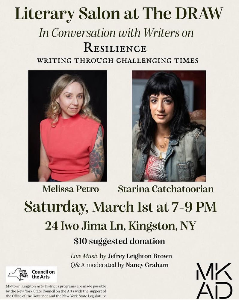 Photo of two authors with text saying they will to read their work Saturday, Mar 1, 7pm, 24 Iwo Jima Lane, Kingston, NY. $10 suggested donation. Live music and Q&A.