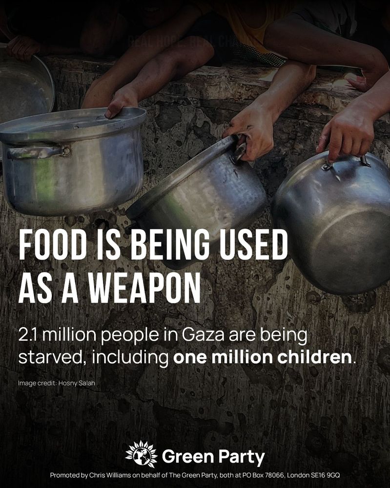 FOOD IS BEING USED AS A WEAPON
2.1 million people in Gaza are being starved, including one million children.
Image credit: Hosny Salah
Green Party
Promoted by Chris Williams on behalf of The Green Party, both at PO Box 78066, London SE16 9GQ