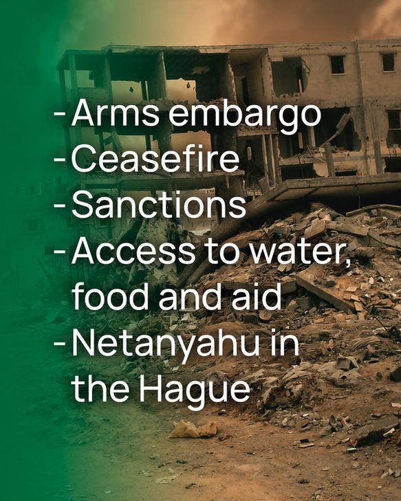 - Arms embargo
- Ceasefire
- Sanctions
- Access to water, food and aid
- Netanyahu in the Hague