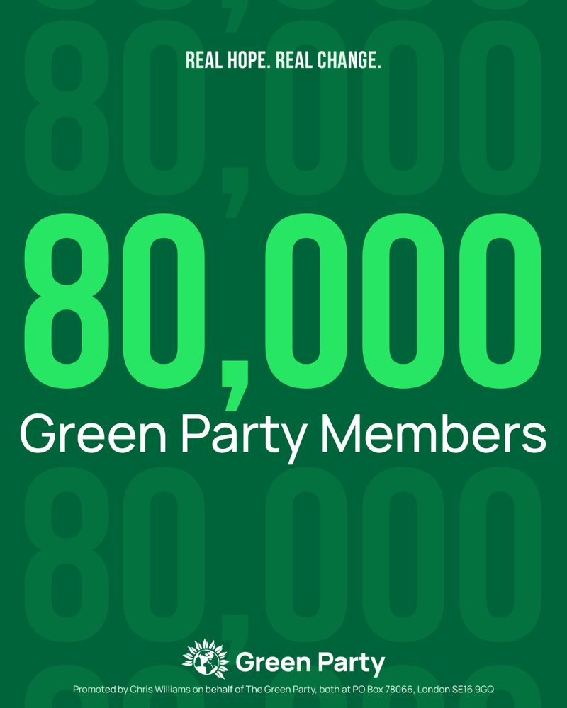 Dark green background with the repeated faded number “80,000.” In the centre, bold bright green text reads “80,000 Green Party Members.” Above it, smaller white text says “REAL HOPE. REAL CHANGE.” At the bottom is the Green Party logo and name.

Would you like me to also draft a shorter, more minimal version for accessibility-first posting (e.g. “Graphic with text: 80,000 Green Party Members. Real hope. Real change. Green Party logo”)?