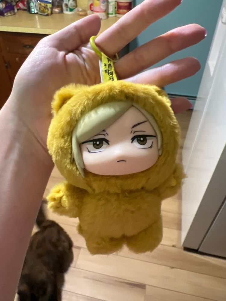 a picture of bunni holding their nanami plush keychain. it’s high school nanami in a golden cat outfit 