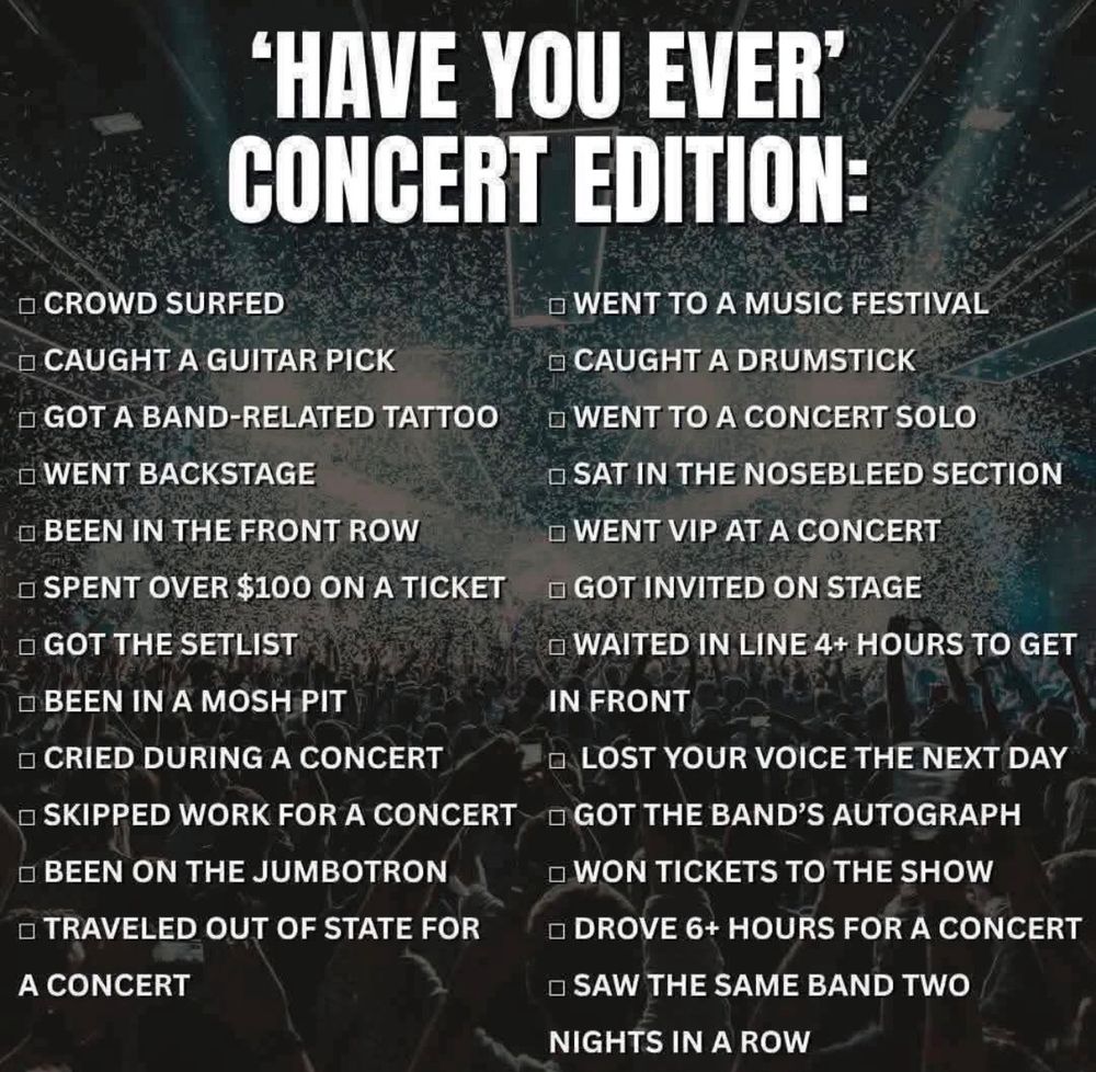A “Have You Ever: Concert Edition” bingo-style checklist on a background of a concert crowd with spotlights and confetti. The list has two columns of concert experiences with checkboxes next to each. Some items are: Got a band-related tattoo, Went backstage, Been in the front row, Spent over $100 on a ticket, Been in a mosh pit, Skipped work for a concert, Traveled out of state for a concert, Went to a music festival, Sat in the nosebleed section, Went VIP at a concert, Lost your voice the next day. Other items include Crowd surfed, Caught a guitar pick, Caught a drumstick, Got invited on stage, Won tickets to the show, and more. The title at the top reads “Have You Ever – Concert Edition