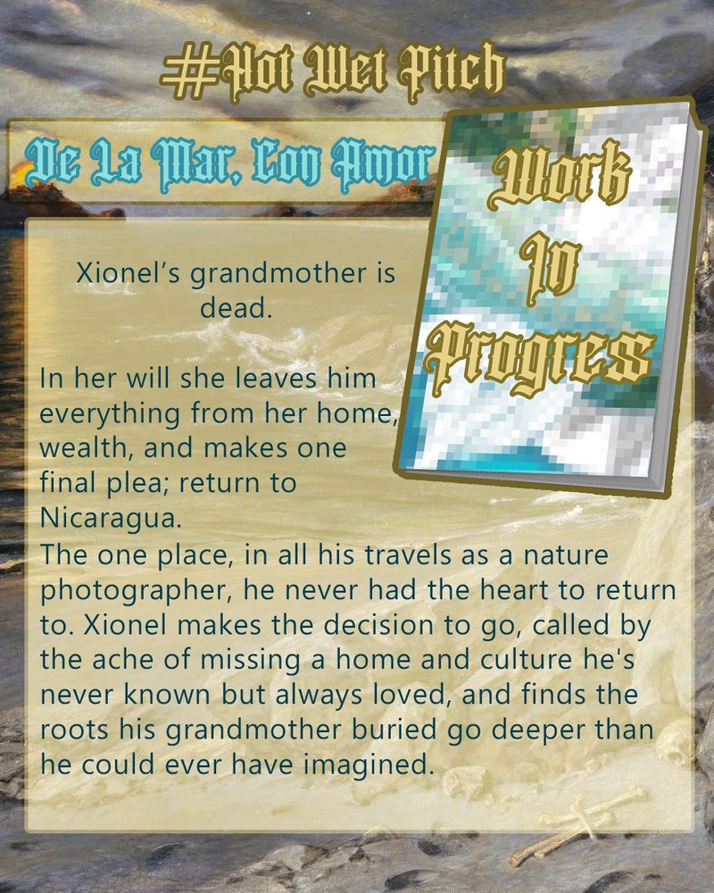 A promotional piece for #HotWetPitch displaying a painted beach and ocean, overlaid with a pixelated book cover. De La Mar, Con Amor sits beside it, and a box overlaid on the beach portion states the following: Xionel's grandmother is dead. 
In her will she leaves him everything from her home, her wealth, and makes a final plea to him: return to Nicaragua. The one place, in all his travels as a nature photographer, he never had the heart to return to. Xionel makes the decision to go, called by the ache of missing a home and culture he's never known but always loved, and finds the roots his grandmother buried go deeper than he could ever have imagined."