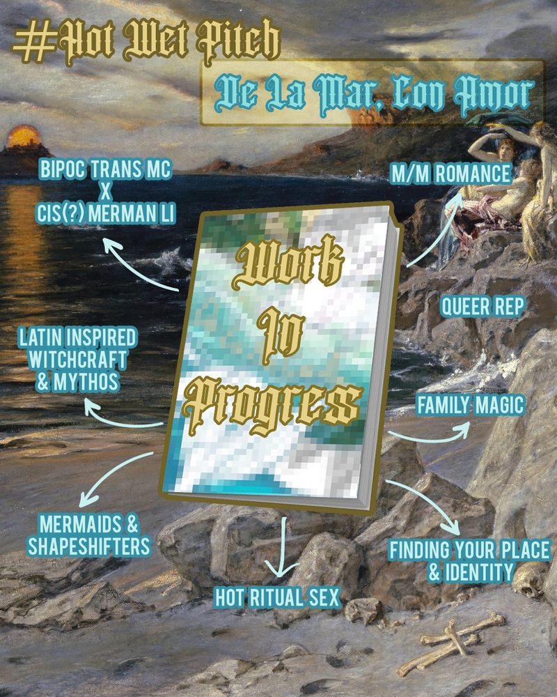 The same beach and sea painting overlaid with the same book with its pixelated cover saying Work In Progress, now centered, with tropes surrounding it. It includes, from left top and counter clockwise to the right, BIPOC trans MC x Cis(?) mermain LI, latin inspired witchcraft & mythos, mermaids & shapeshifters, hot ritual sex, finding your place & identity, family magic, queer rep, and finally: m/m romance.