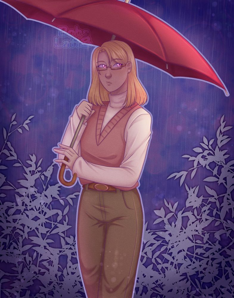 Anime style inspired blonde hair woman holding an umbrella in the rain. The back ground is purple with a foilage pattern. This was drawn with an ipad pro and clip studio paint